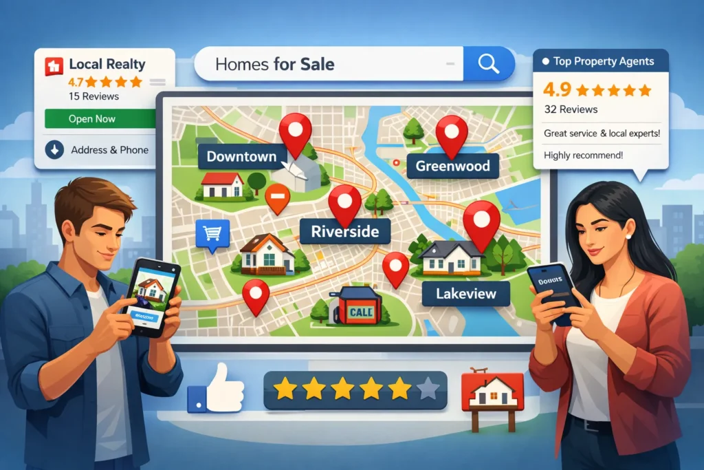 Google Maps pins, local listings, reviews