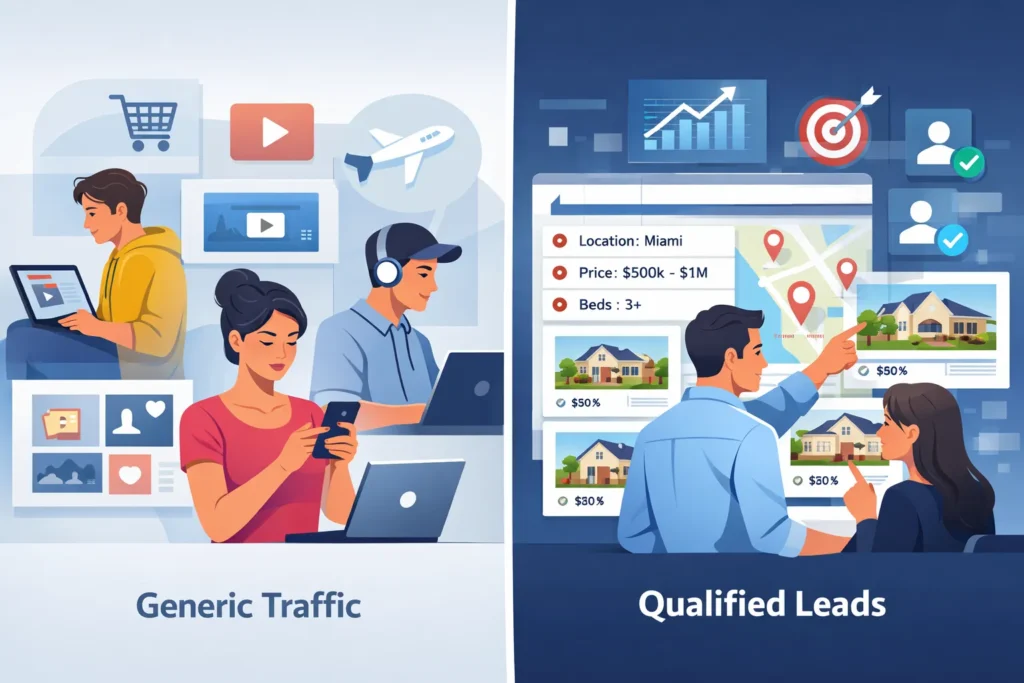 Split-screen digital illustration: generic traffic vs high-intent leads