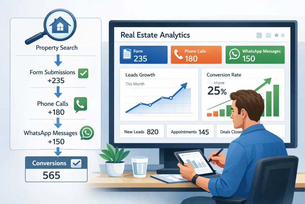 Analytics dashboard tracking calls, forms, messages