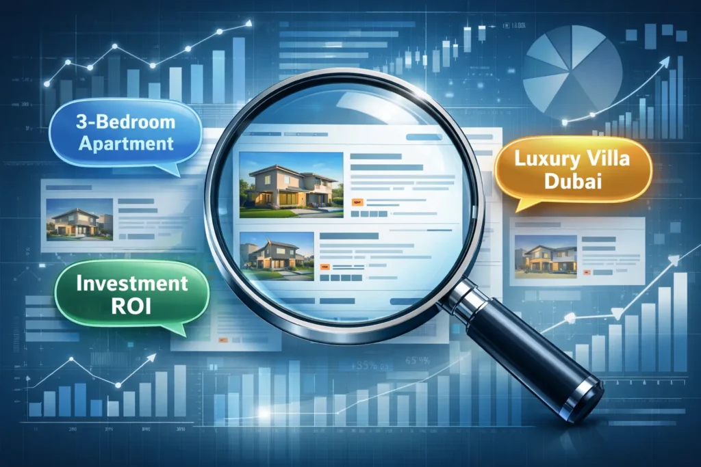 Magnifying glass over real estate listings with keywords