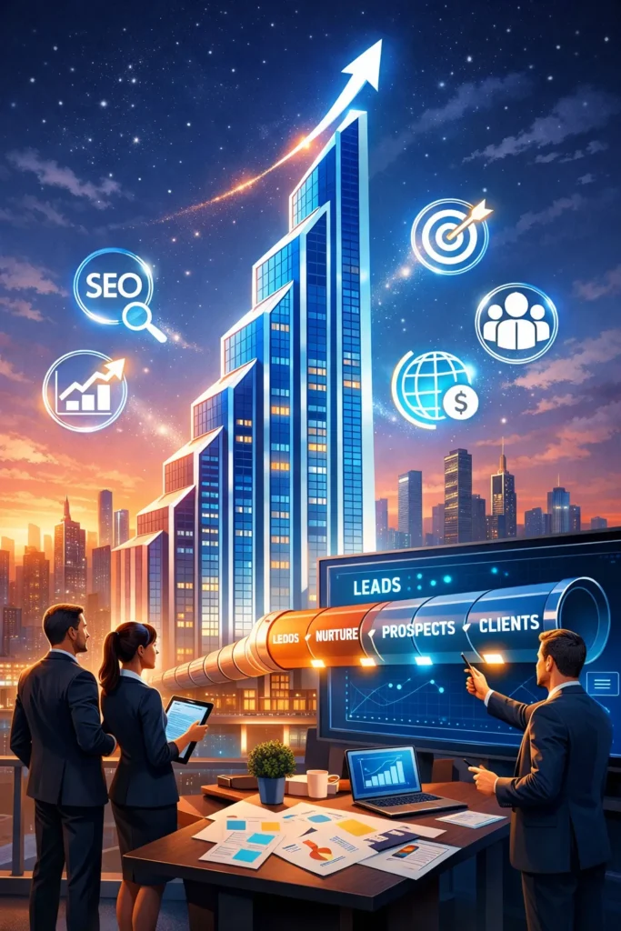 Skyscraper graph rising, SEO icons, growth